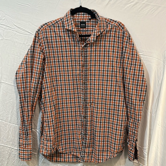 Hugo Boss Other - Hugo Boss Men’s Orange Plaid Button Down Shirt, Size Large